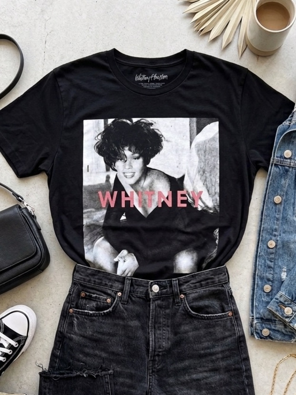 Whitney Houston Graphic Tee Black Pink Text Official Merch Size L Grunge Faded
